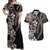 Hawaiian Tropical Flowers and Maile Pikake Couples Matching Off Shoulder Maxi Dress and Hawaiian Shirt Polynesian Tribal Pattern Grayscale Mode