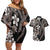 Hawaiian Tropical Flowers and Maile Pikake Couples Matching Off Shoulder Short Dress and Hawaiian Shirt Polynesian Tribal Pattern Grayscale Mode LT03