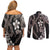 Hawaiian Tropical Flowers and Maile Pikake Couples Matching Off Shoulder Short Dress and Long Sleeve Button Shirt Polynesian Tribal Pattern Grayscale Mode LT03