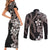 Hawaiian Tropical Flowers and Maile Pikake Couples Matching Short Sleeve Bodycon Dress and Long Sleeve Button Shirt Polynesian Tribal Pattern Grayscale Mode