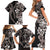 Hawaiian Tropical Flowers and Maile Pikake Family Matching Short Sleeve Bodycon Dress and Hawaiian Shirt Polynesian Tribal Pattern Grayscale Mode