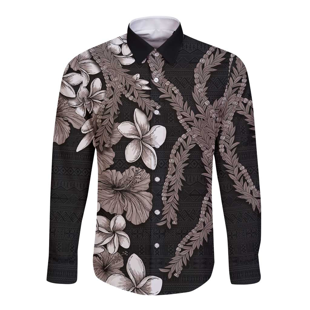Hawaiian Tropical Flowers and Maile Pikake Long Sleeve Button Shirt Polynesian Tribal Pattern Grayscale Mode LT03 Unisex Black - Polynesian Pride