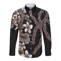 Hawaiian Tropical Flowers and Maile Pikake Long Sleeve Button Shirt Polynesian Tribal Pattern Grayscale Mode LT03 Unisex Black - Polynesian Pride