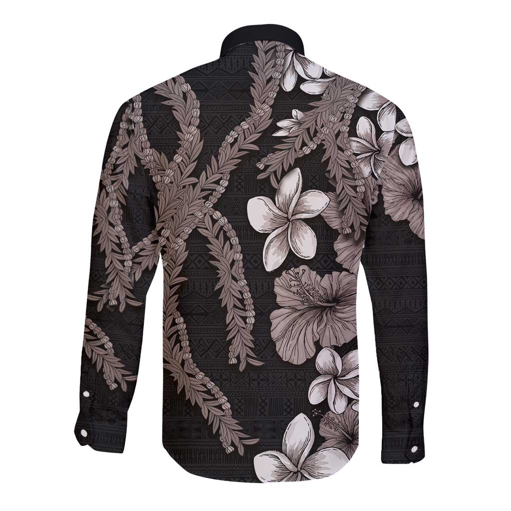 Hawaiian Tropical Flowers and Maile Pikake Long Sleeve Button Shirt Polynesian Tribal Pattern Grayscale Mode LT03 - Polynesian Pride