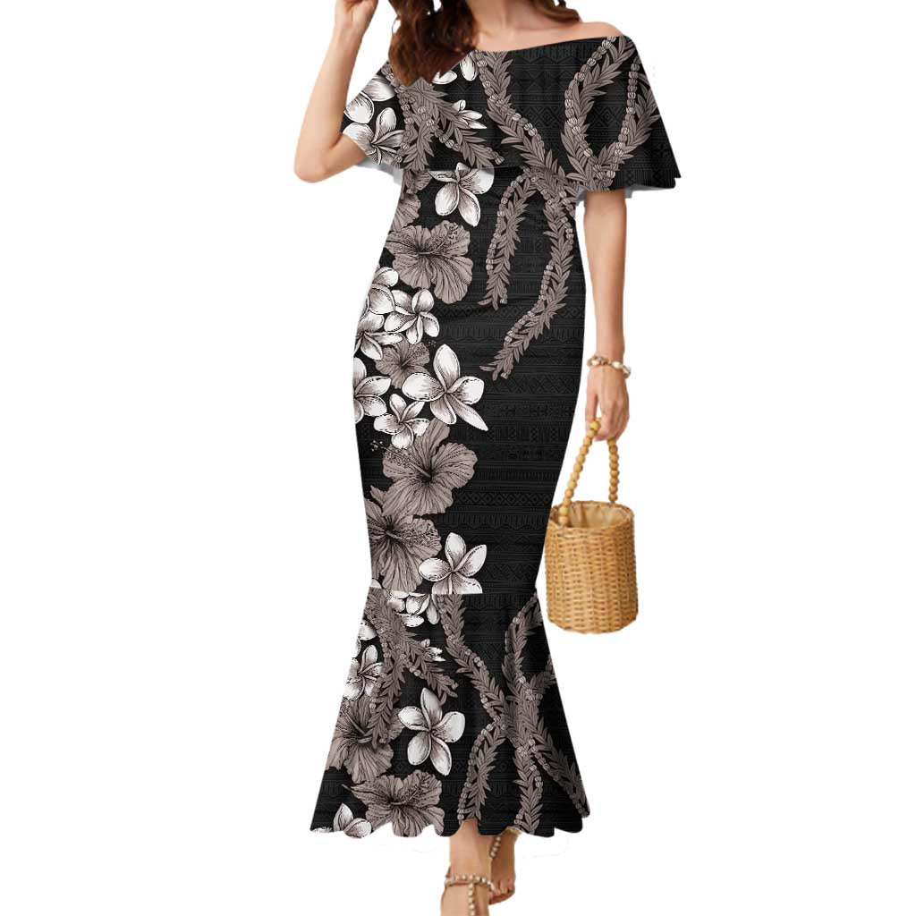 Hawaiian Tropical Flowers and Maile Pikake Mermaid Dress Polynesian Tribal Pattern Grayscale Mode LT03 Women Black - Polynesian Pride