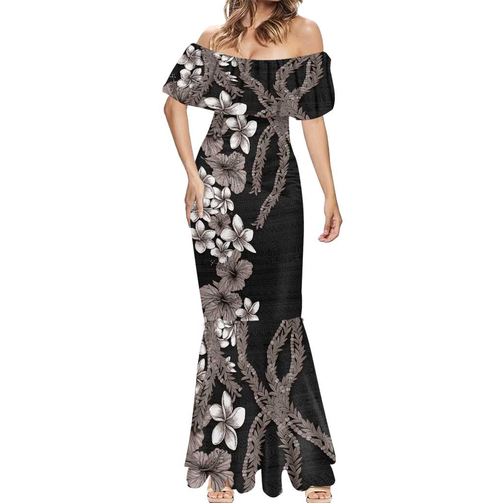 Hawaiian Tropical Flowers and Maile Pikake Mermaid Dress Polynesian Tribal Pattern Grayscale Mode LT03 - Polynesian Pride