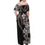 Hawaiian Tropical Flowers and Maile Pikake Off Shoulder Maxi Dress Polynesian Tribal Pattern Grayscale Mode