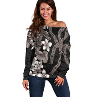 Hawaiian Tropical Flowers and Maile Pikake Off Shoulder Sweater Polynesian Tribal Pattern Grayscale Mode LT03 Women Black - Polynesian Pride
