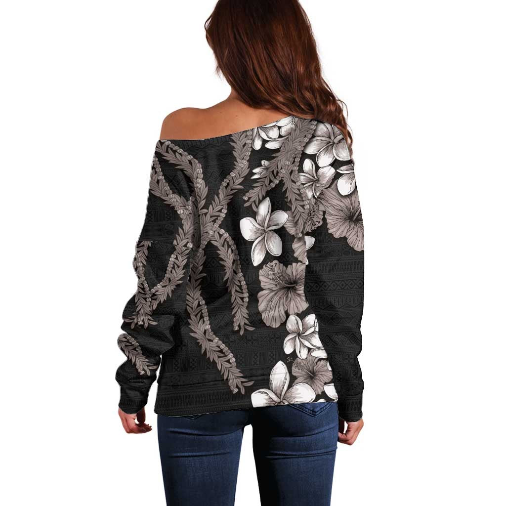 Hawaiian Tropical Flowers and Maile Pikake Off Shoulder Sweater Polynesian Tribal Pattern Grayscale Mode LT03 - Polynesian Pride