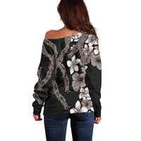 Hawaiian Tropical Flowers and Maile Pikake Off Shoulder Sweater Polynesian Tribal Pattern Grayscale Mode LT03 - Polynesian Pride