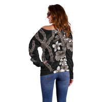 Hawaiian Tropical Flowers and Maile Pikake Off Shoulder Sweater Polynesian Tribal Pattern Grayscale Mode LT03 - Polynesian Pride