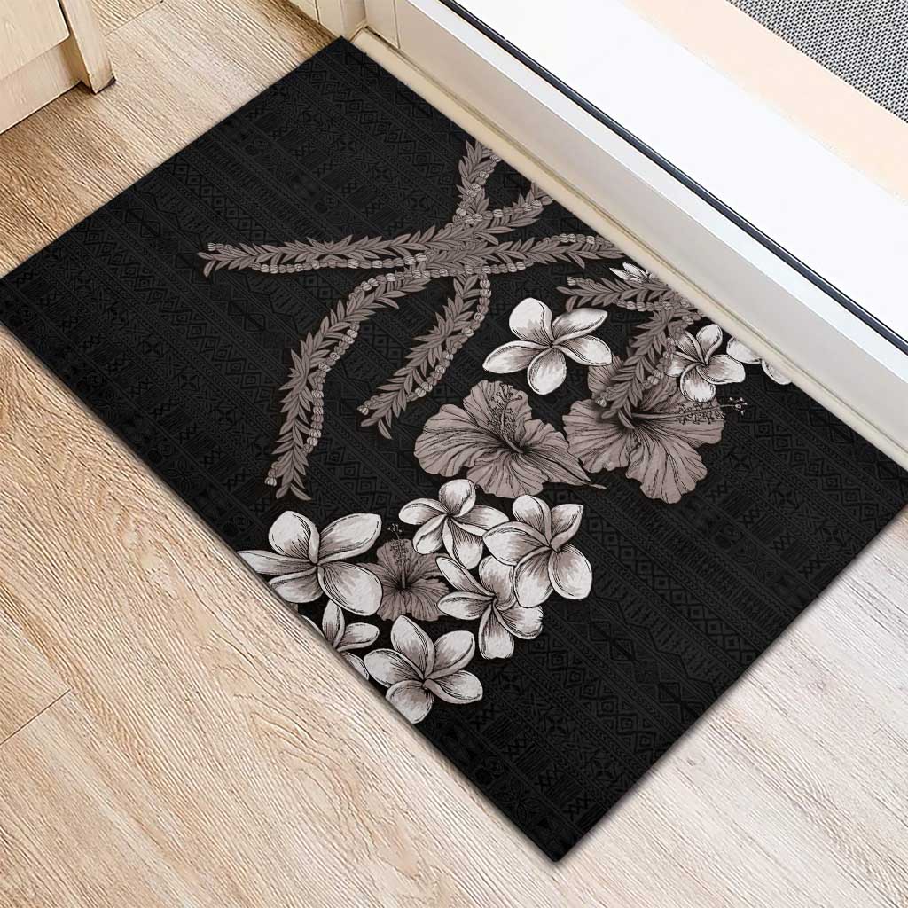 Hawaiian Tropical Flowers and Maile Pikake Rubber Doormat Polynesian Tribal Pattern Grayscale Mode LT03 - Polynesian Pride