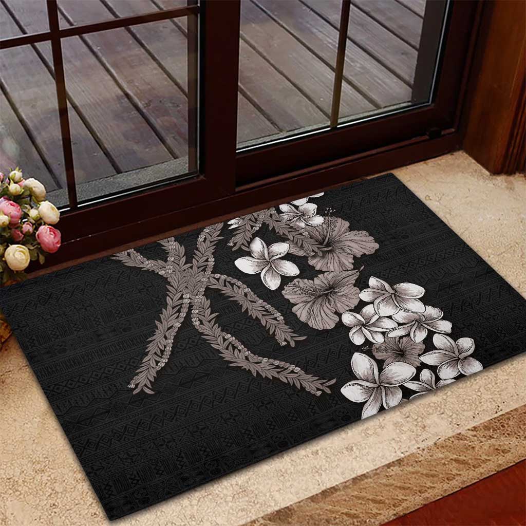 Hawaiian Tropical Flowers and Maile Pikake Rubber Doormat Polynesian Tribal Pattern Grayscale Mode LT03 - Polynesian Pride