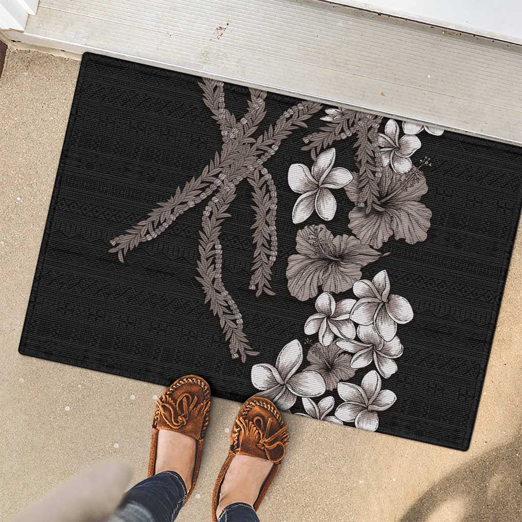 Hawaiian Tropical Flowers and Maile Pikake Rubber Doormat Polynesian Tribal Pattern Grayscale Mode LT03 - Polynesian Pride