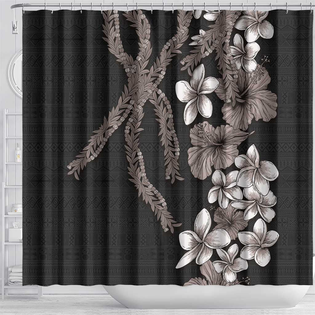 Hawaiian Tropical Flowers and Maile Pikake Shower Curtain Polynesian Tribal Pattern Grayscale Mode LT03 - Polynesian Pride