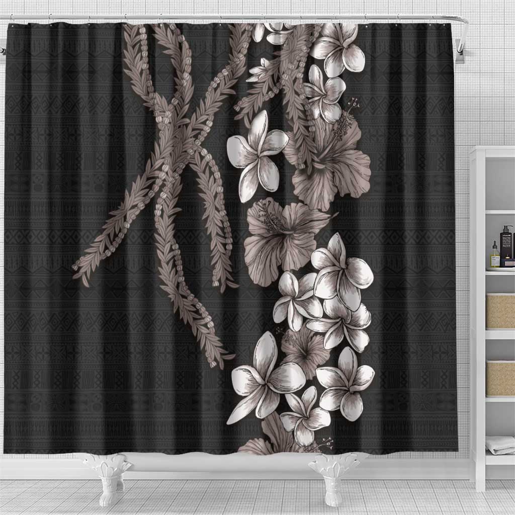 Hawaiian Tropical Flowers and Maile Pikake Shower Curtain Polynesian Tribal Pattern Grayscale Mode LT03 - Polynesian Pride
