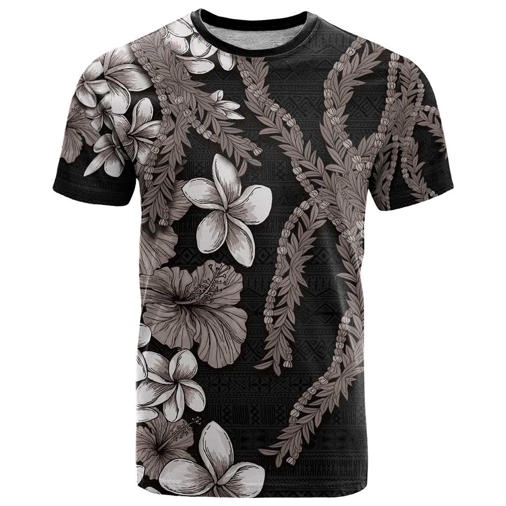 Hawaiian Tropical Flowers and Maile Pikake T Shirt Polynesian Tribal Pattern Grayscale Mode LT03 Black - Polynesian Pride