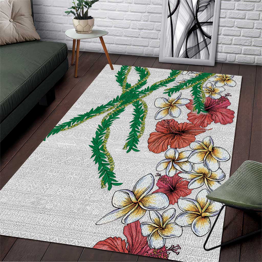 Hawaiian Tropical Flowers and Maile Pikake Area Rug Polynesian Tribal Pattern White Color LT03 White - Polynesian Pride