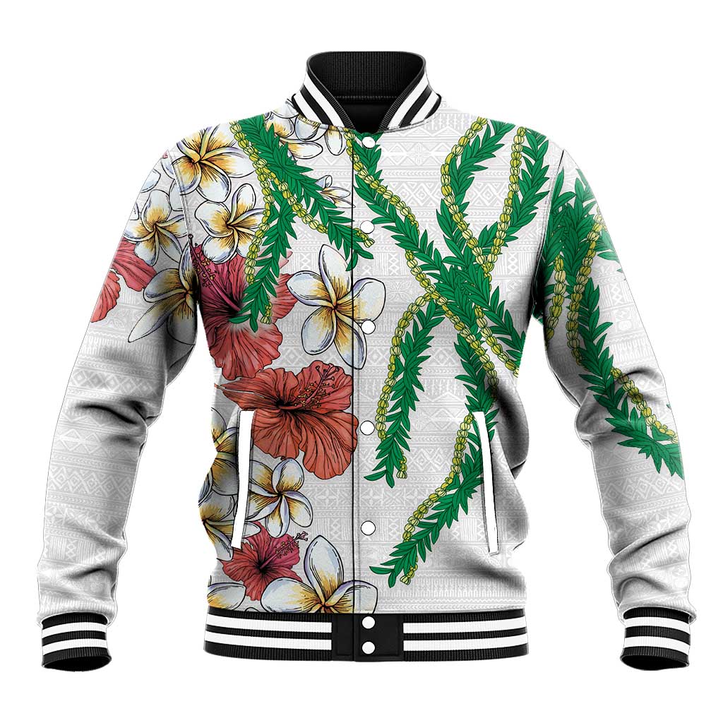 Hawaiian Tropical Flowers and Maile Pikake Baseball Jacket Polynesian Tribal Pattern White Color LT03 Unisex White - Polynesian Pride