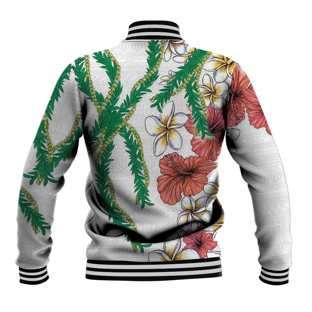 Hawaiian Tropical Flowers and Maile Pikake Baseball Jacket Polynesian Tribal Pattern White Color LT03 - Polynesian Pride
