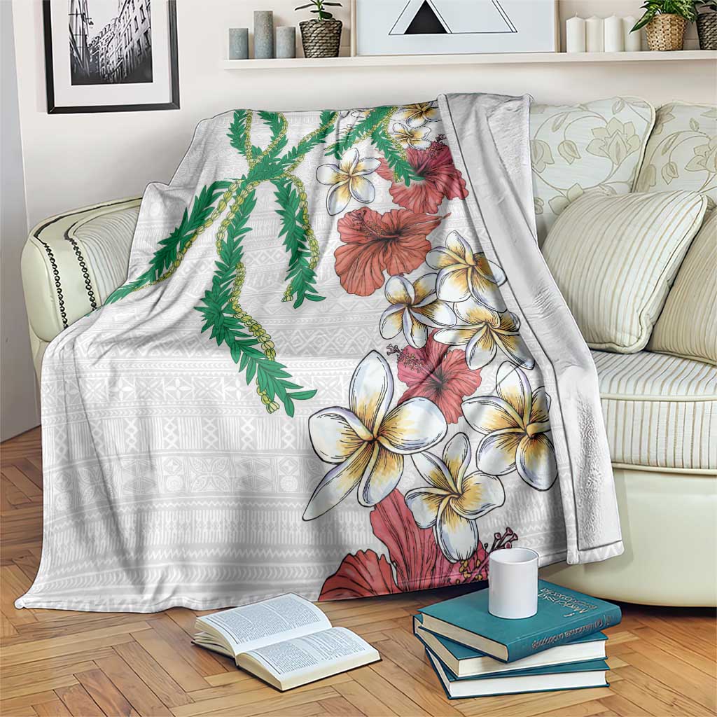Hawaiian Tropical Flowers and Maile Pikake Blanket Polynesian Tribal Pattern White Color LT03 White - Polynesian Pride