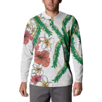 Hawaiian Tropical Flowers and Maile Pikake Button Sweatshirt Polynesian Tribal Pattern White Color LT03 - Polynesian Pride