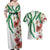 Hawaiian Tropical Flowers and Maile Pikake Couples Matching Off Shoulder Maxi Dress and Hawaiian Shirt Polynesian Tribal Pattern White Color