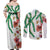 Hawaiian Tropical Flowers and Maile Pikake Couples Matching Off Shoulder Maxi Dress and Long Sleeve Button Shirt Polynesian Tribal Pattern White Color