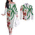 Hawaiian Tropical Flowers and Maile Pikake Couples Matching Off The Shoulder Long Sleeve Dress and Long Sleeve Button Shirt Polynesian Tribal Pattern White Color