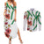 Hawaiian Tropical Flowers and Maile Pikake Couples Matching Summer Maxi Dress and Long Sleeve Button Shirt Polynesian Tribal Pattern White Color