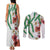 Hawaiian Tropical Flowers and Maile Pikake Couples Matching Tank Maxi Dress and Long Sleeve Button Shirt Polynesian Tribal Pattern White Color