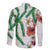 Hawaiian Tropical Flowers and Maile Pikake Family Matching Off The Shoulder Long Sleeve Dress and Hawaiian Shirt Polynesian Tribal Pattern White Color