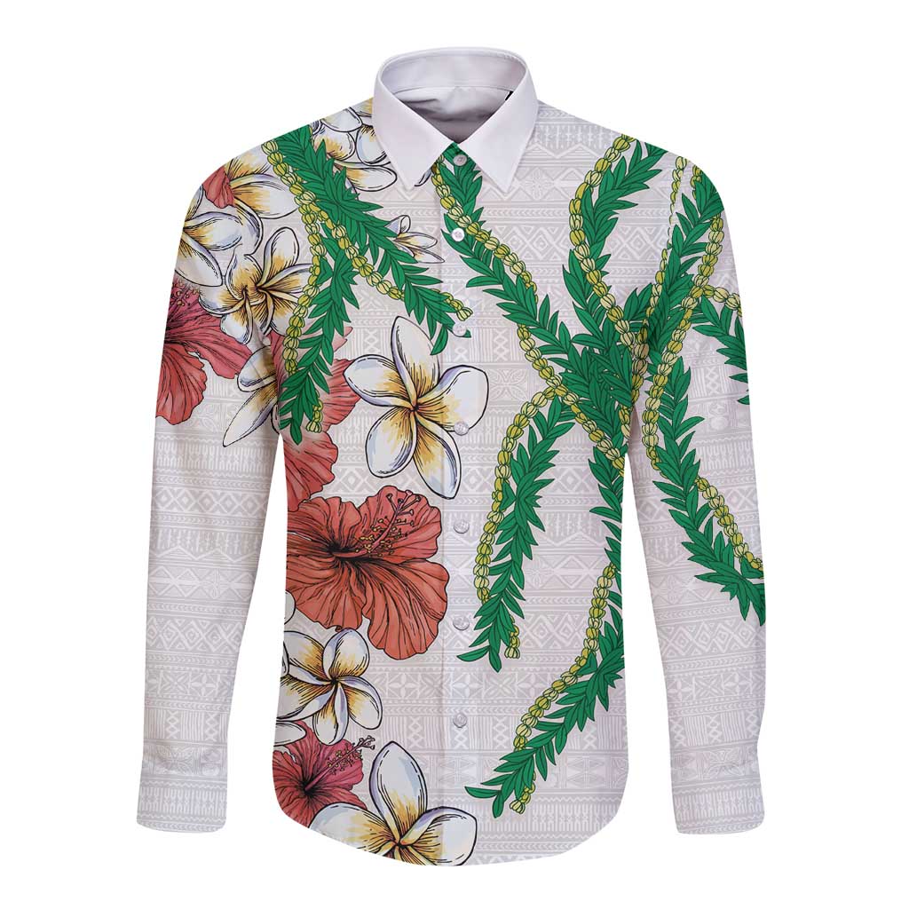 Hawaiian Tropical Flowers and Maile Pikake Long Sleeve Button Shirt Polynesian Tribal Pattern White Color LT03 Unisex White - Polynesian Pride