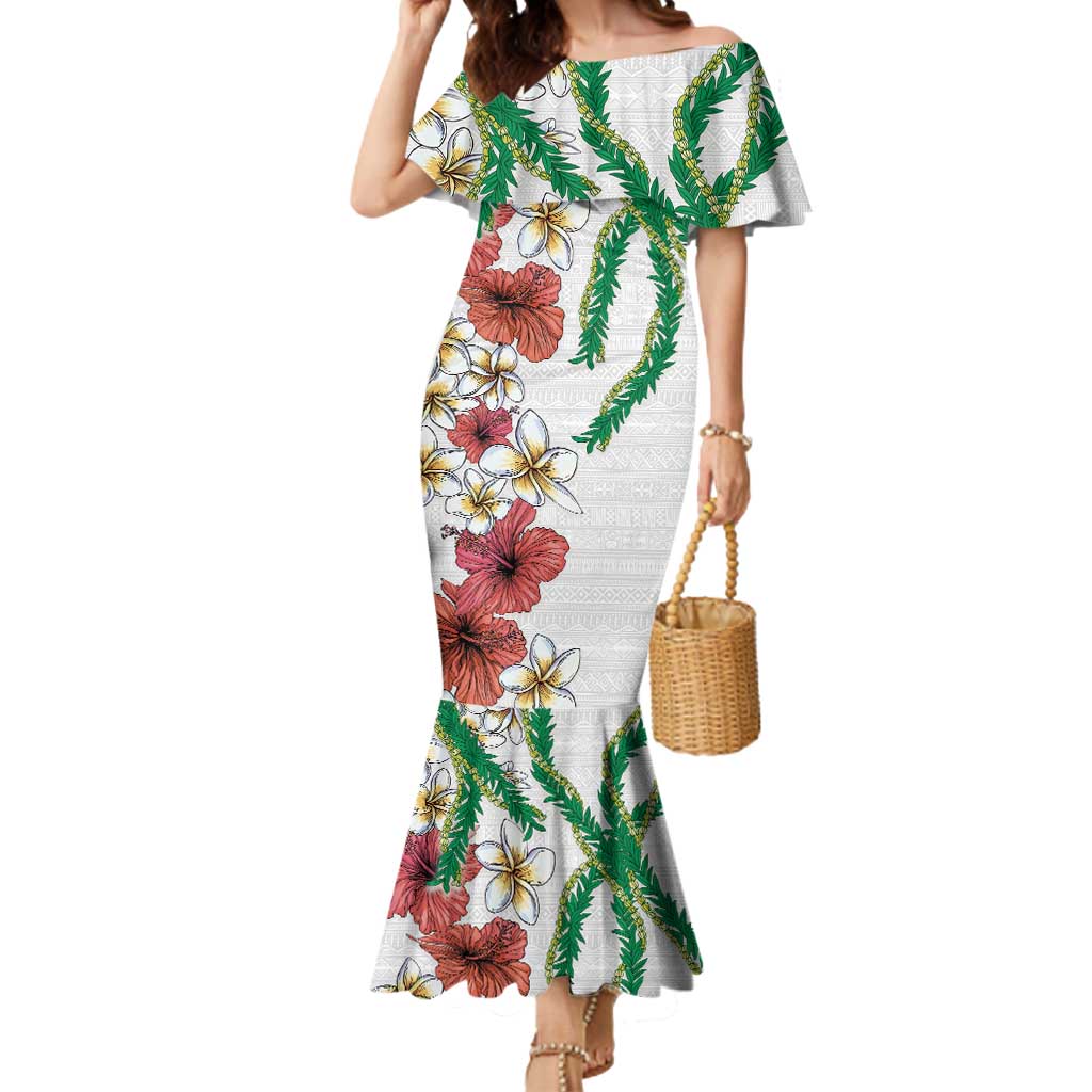Hawaiian Tropical Flowers and Maile Pikake Mermaid Dress Polynesian Tribal Pattern White Color LT03 Women White - Polynesian Pride