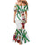 Hawaiian Tropical Flowers and Maile Pikake Mermaid Dress Polynesian Tribal Pattern White Color