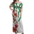 Hawaiian Tropical Flowers and Maile Pikake Off Shoulder Maxi Dress Polynesian Tribal Pattern White Color