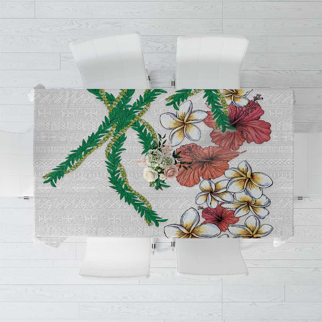 Hawaiian Tropical Flowers and Maile Pikake Tablecloth Polynesian Tribal Pattern White Color