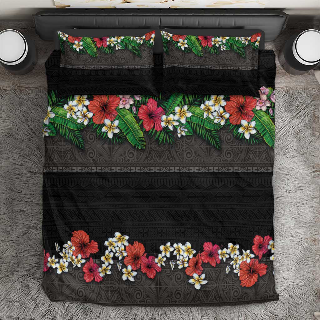Hawaiian Tropical Flowers and Tribal Polynesian Tattoo Bedding Set Black Color LT03 Black - Polynesian Pride