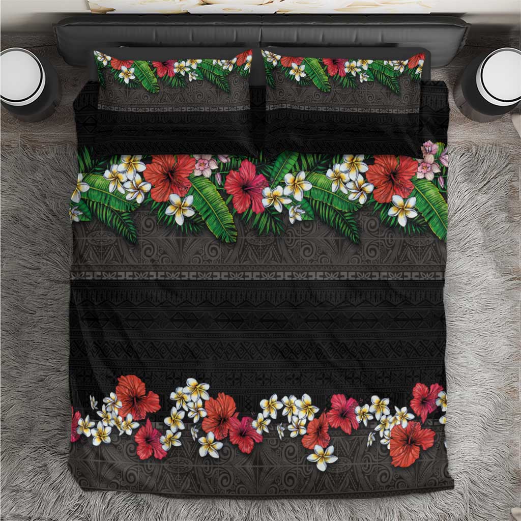 Hawaiian Tropical Flowers and Tribal Polynesian Tattoo Bedding Set Black Color