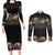 Hawaiian Tropical Flowers and Tribal Polynesian Tattoo Couples Matching Long Sleeve Bodycon Dress and Long Sleeve Button Shirt Black Color