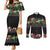 Hawaiian Tropical Flowers and Tribal Polynesian Tattoo Couples Matching Mermaid Dress and Long Sleeve Button Shirt Black Color