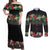 Hawaiian Tropical Flowers and Tribal Polynesian Tattoo Couples Matching Off Shoulder Maxi Dress and Long Sleeve Button Shirt Black Color