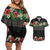 Hawaiian Tropical Flowers and Tribal Polynesian Tattoo Couples Matching Off Shoulder Short Dress and Hawaiian Shirt Black Color LT03