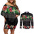 Hawaiian Tropical Flowers and Tribal Polynesian Tattoo Couples Matching Off Shoulder Short Dress and Long Sleeve Button Shirt Black Color LT03