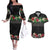 Hawaiian Tropical Flowers and Tribal Polynesian Tattoo Couples Matching Off The Shoulder Long Sleeve Dress and Hawaiian Shirt Black Color