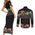 Hawaiian Tropical Flowers and Tribal Polynesian Tattoo Couples Matching Short Sleeve Bodycon Dress and Long Sleeve Button Shirt Black Color