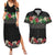 Hawaiian Tropical Flowers and Tribal Polynesian Tattoo Couples Matching Summer Maxi Dress and Hawaiian Shirt Black Color