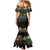 Hawaiian Tropical Flowers and Tribal Polynesian Tattoo Family Matching Mermaid Dress and Hawaiian Shirt Black Color