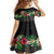 Hawaiian Tropical Flowers and Tribal Polynesian Tattoo Family Matching Off Shoulder Short Dress and Hawaiian Shirt Black Color