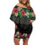 Hawaiian Tropical Flowers and Tribal Polynesian Tattoo Family Matching Off Shoulder Short Dress and Hawaiian Shirt Black Color LT03